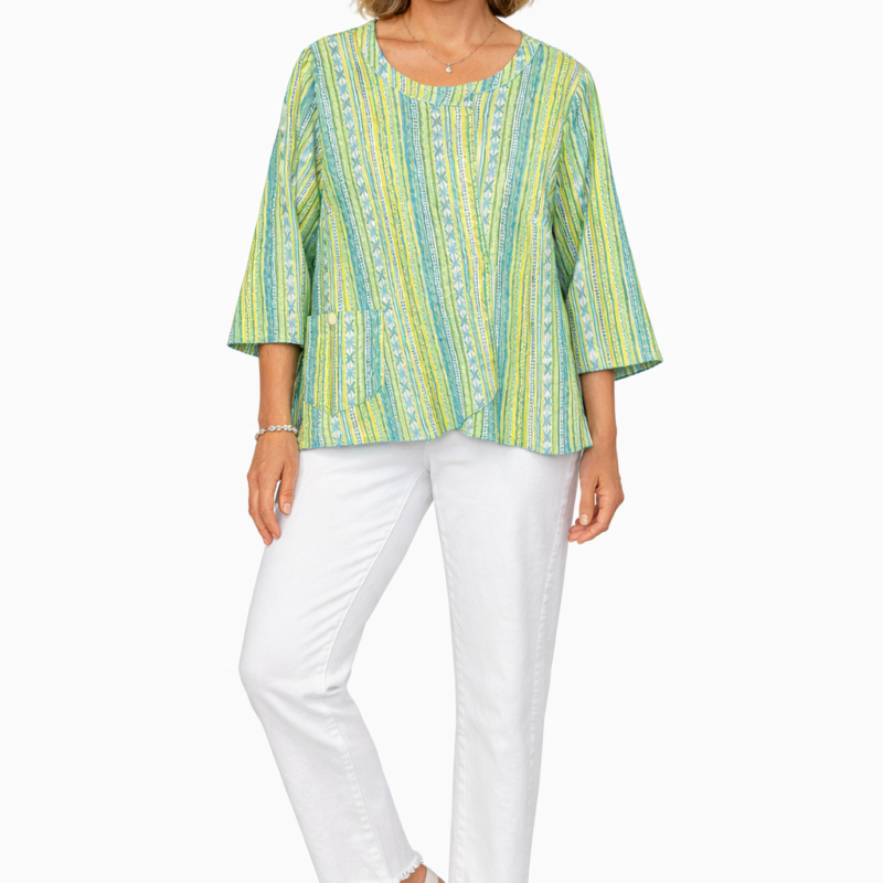 Women’s Casual Multicolor Striped Top with White Frayed Hem Pants Two-Piece Set
