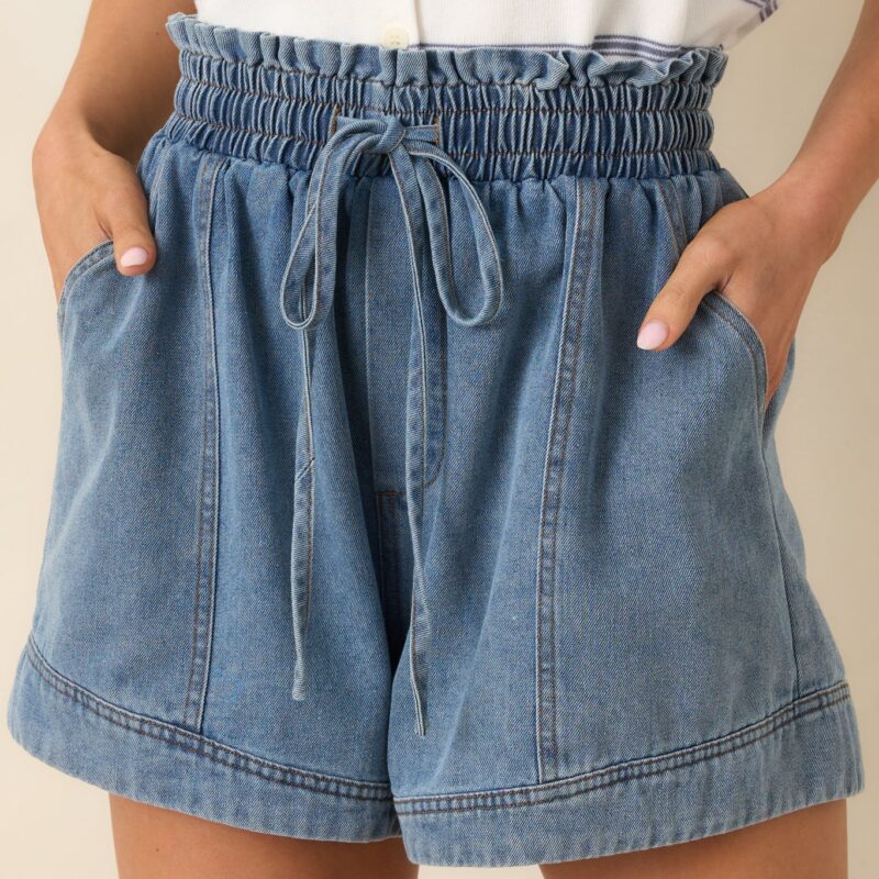 First Things First Medium Wash Cotton Drawstring Denim Shorts